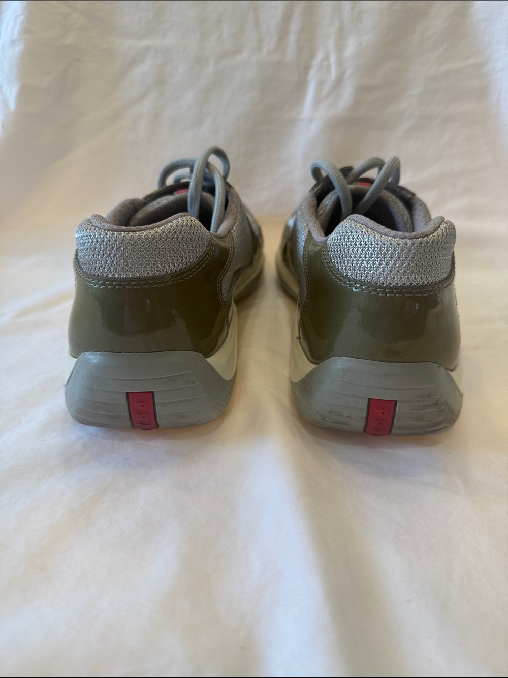 Prada Olive Patent & Light Gray Mesh America’s Cup Trainers with Red Logo - Picture 4 of 6